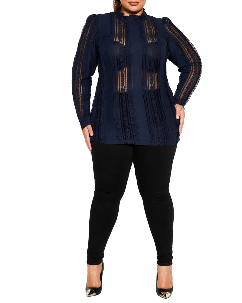 Front of a model wearing a size 14 Panelled Lace Top in Navy by City Chic. | dia_product_style_image_id:320359